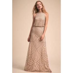 Adrianna Papell Beaded Halter Neck Blouson Maxi Dress Nude Size 8